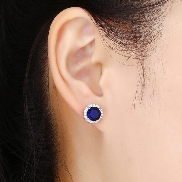 Women's Round Dark Blue Birthstone Elegant Mall Dainty Cubic Zirconia Earring - Picture 2 of 5